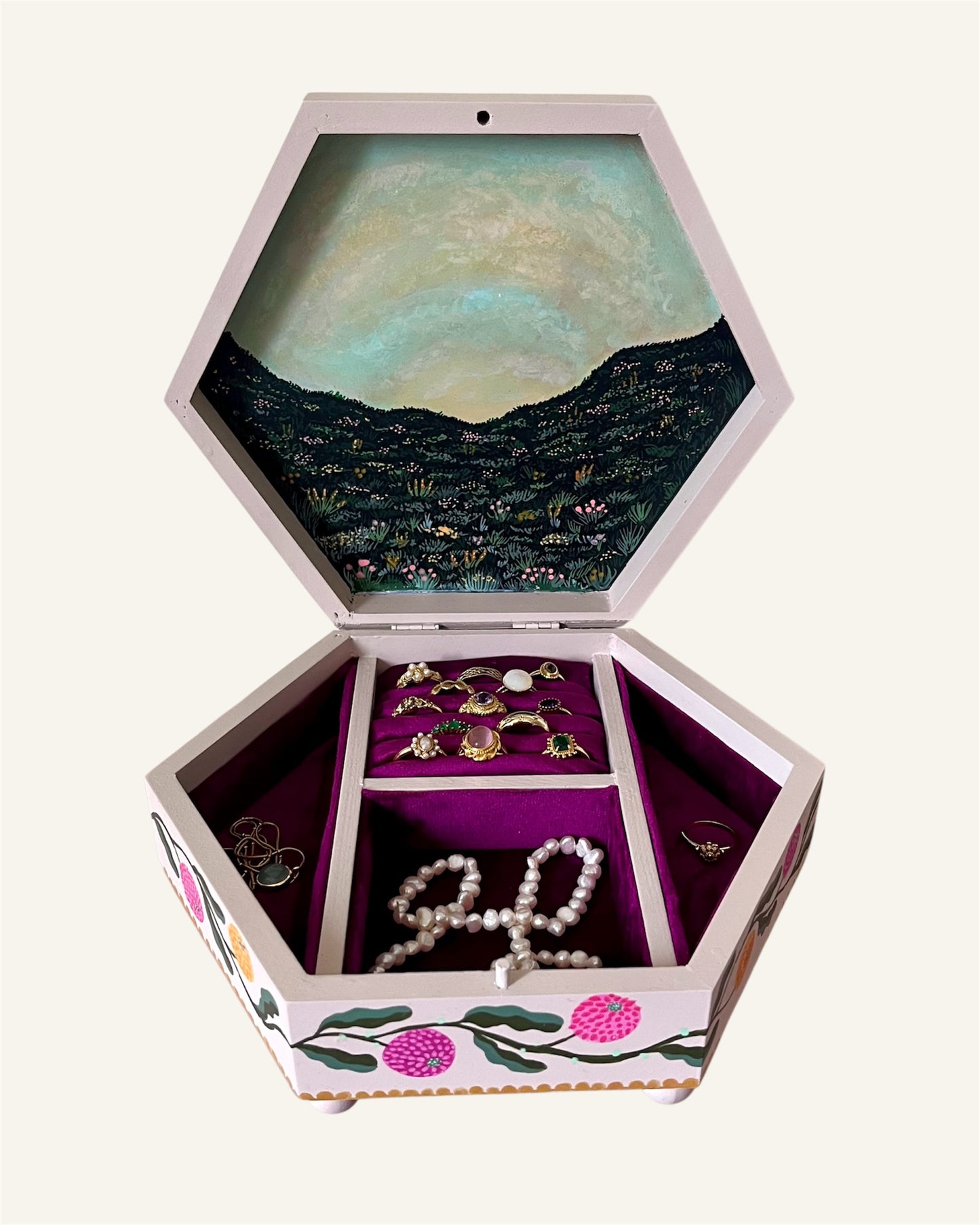 pink jewelry box for jewelry storage with flowers and velvet lining