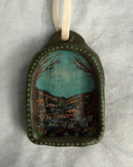 Handmade clay wall art with handpainted autumn floral landscape