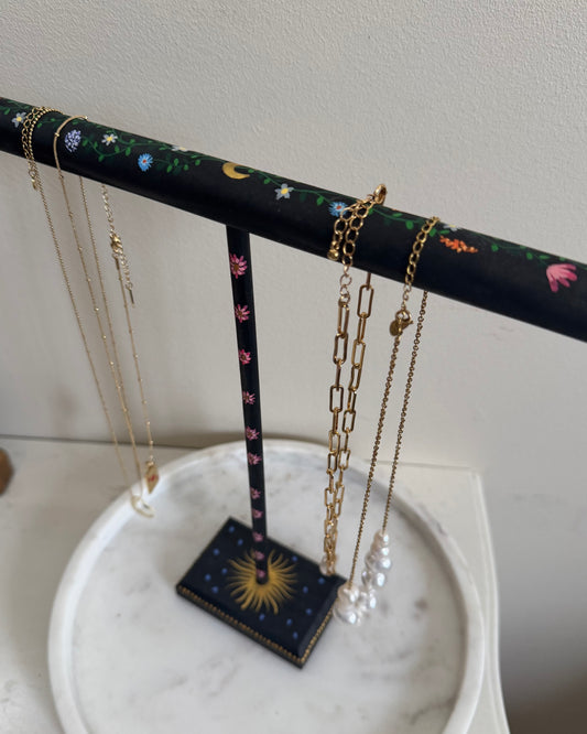 wooden jewelryholder with flower art painted and golden details for necklaces and bracelets