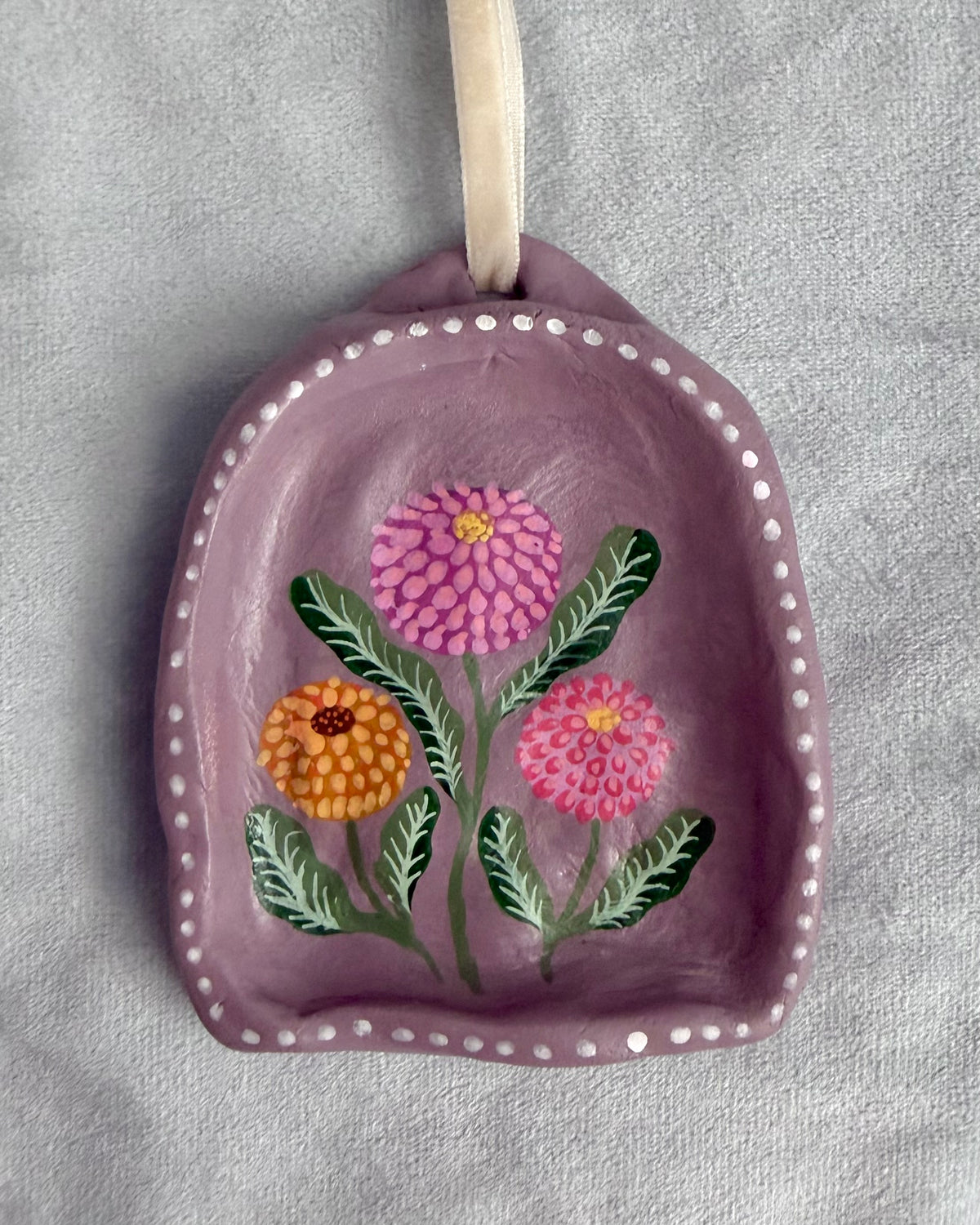 Handmade clay wall art altar with dahlia flowers painting