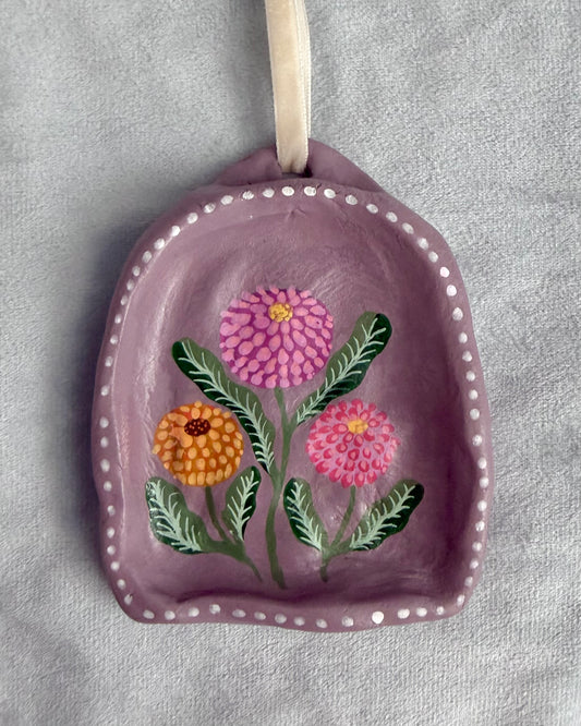 Handmade clay wall art altar with dahlia flowers painting