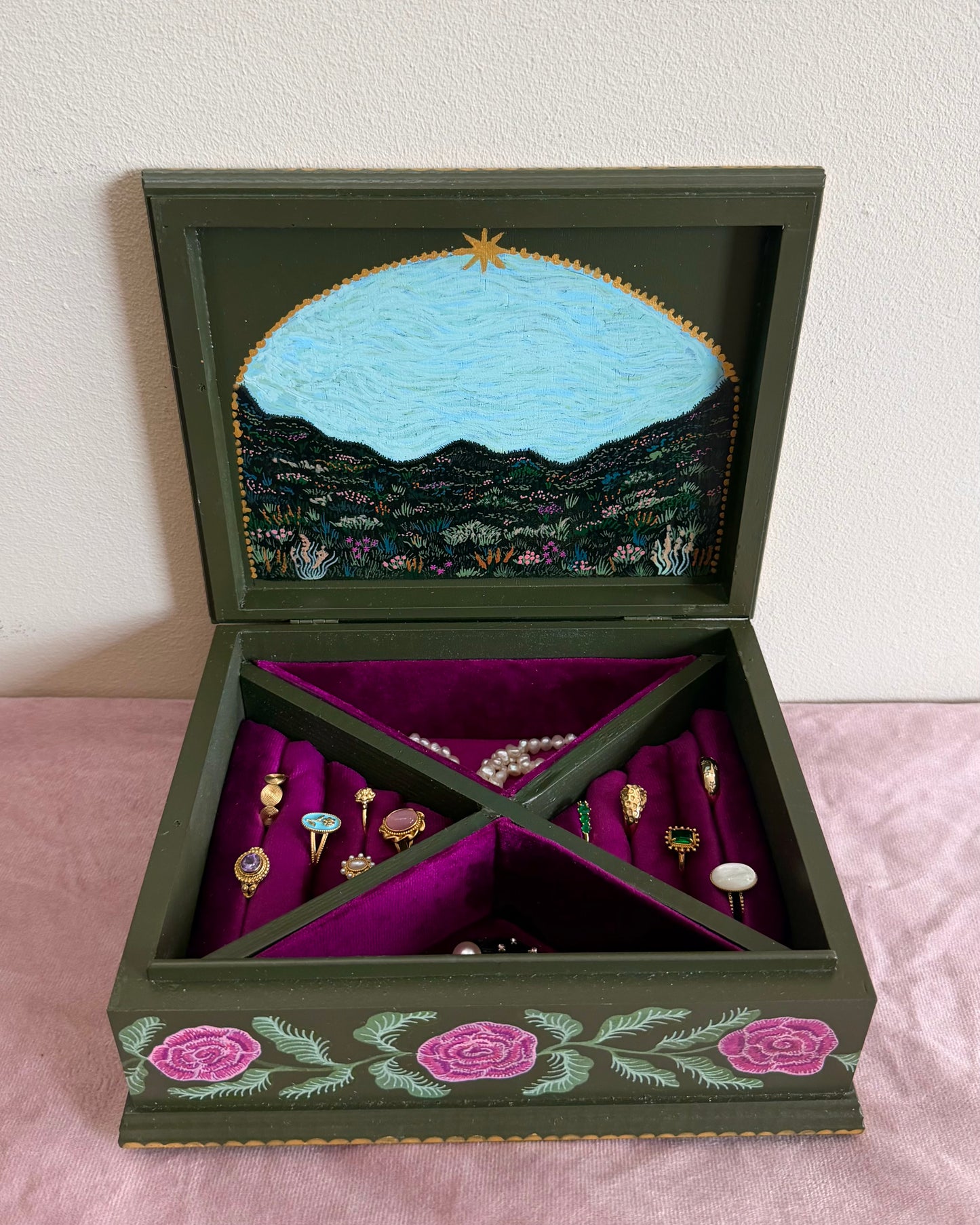 Forest green floral jewelrybox for vintage jewelry