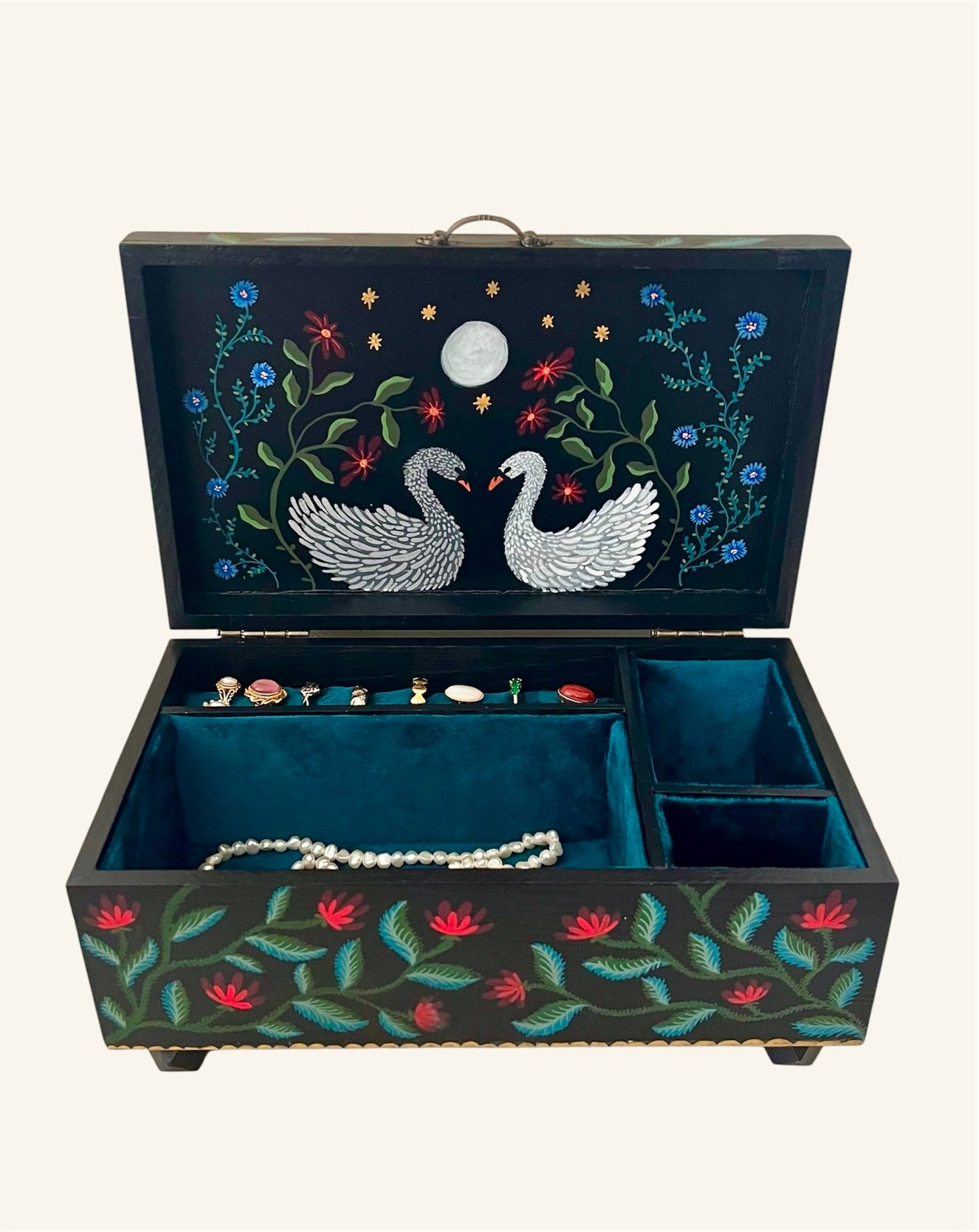 black jewelrybox with floral design and swanlake illustrations deep blue velvet lining