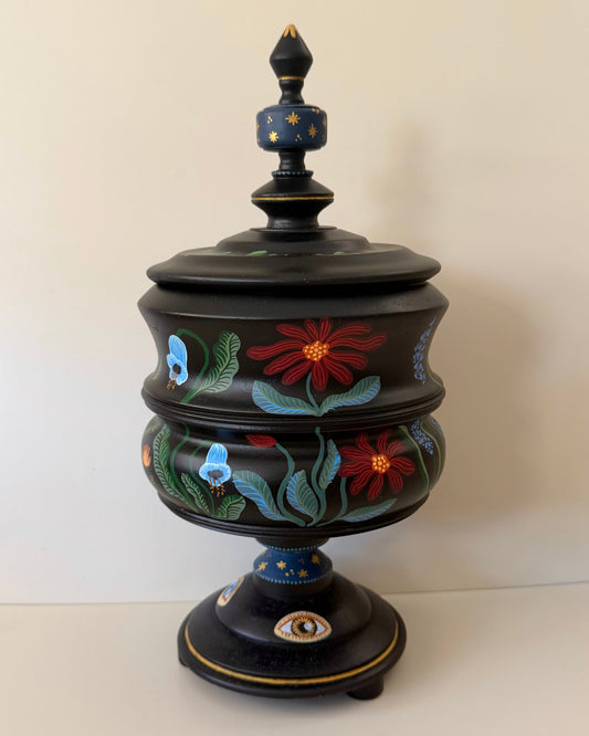 handbeschilderde vintage pot met gekleurde bloemen