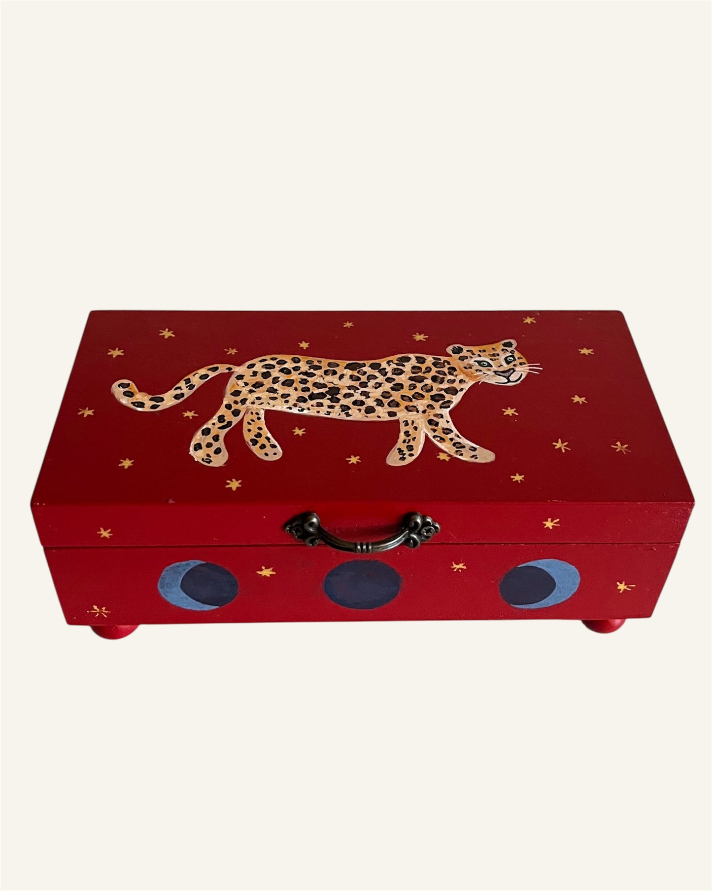 Red jewelrybox with bohemian panter moon phases and stars for vintage jewelry gold jewelrylovers
