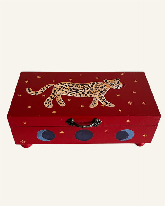 Red jewelrybox with bohemian panter moon phases and stars for vintage jewelry gold jewelrylovers
