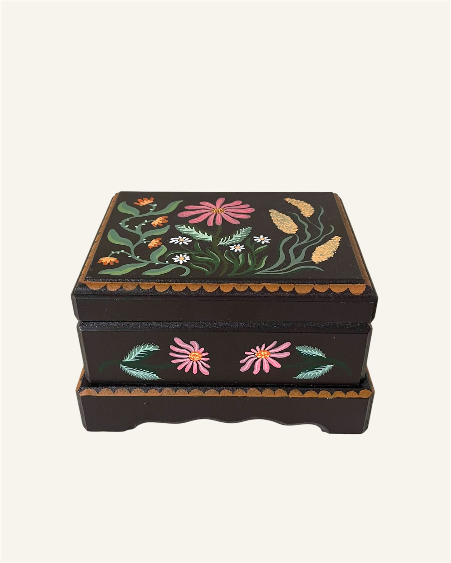antique brown ringbox with rose pink velvet lining and colorful flower painting 