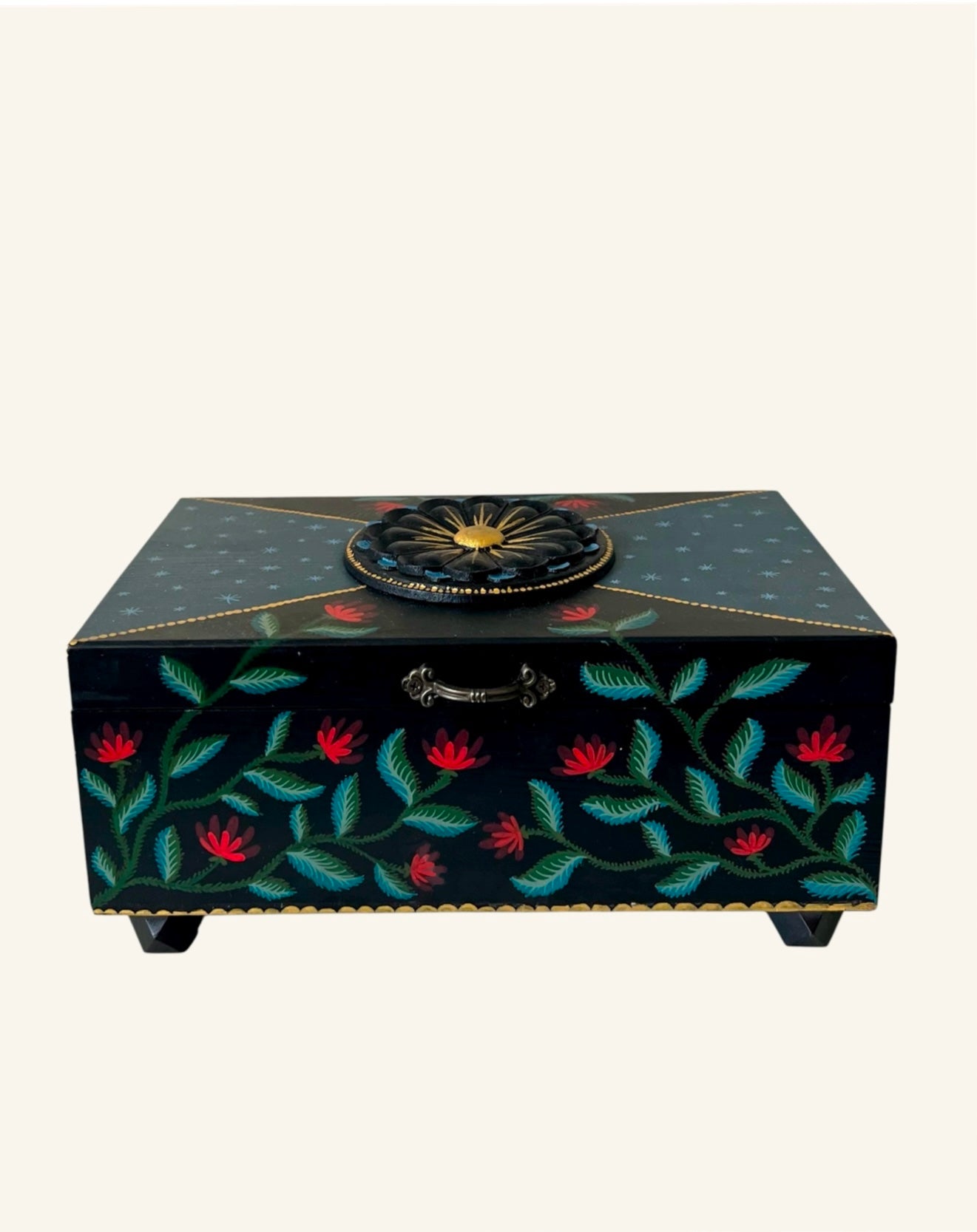 black jewelrybox with red flowers swanlake design and deep blue velvet lining