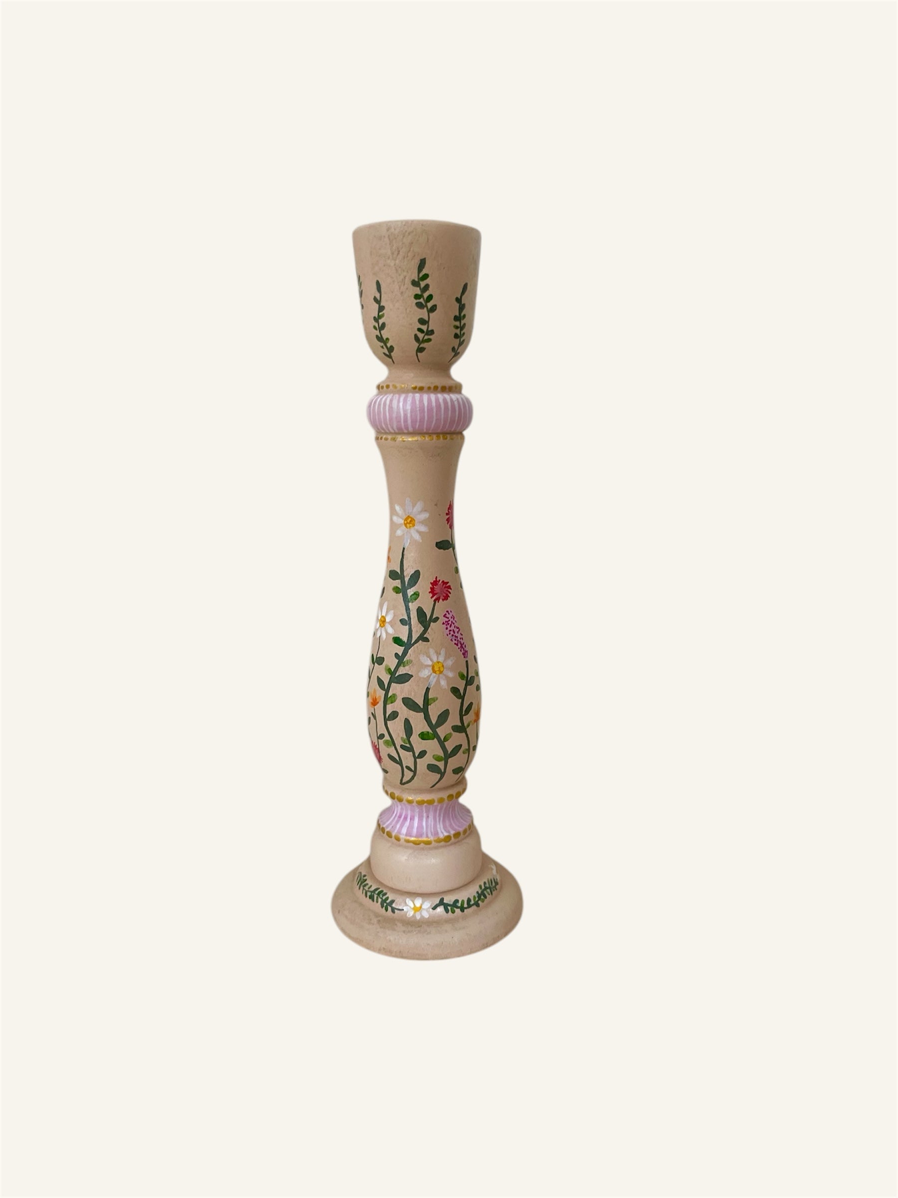 handbeschilderde beige kandelaar met bloemen