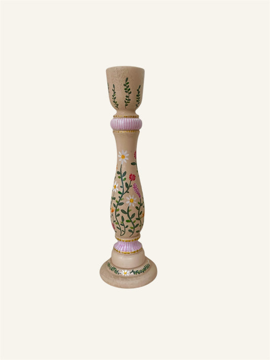 handbeschilderde beige kandelaar met bloemen