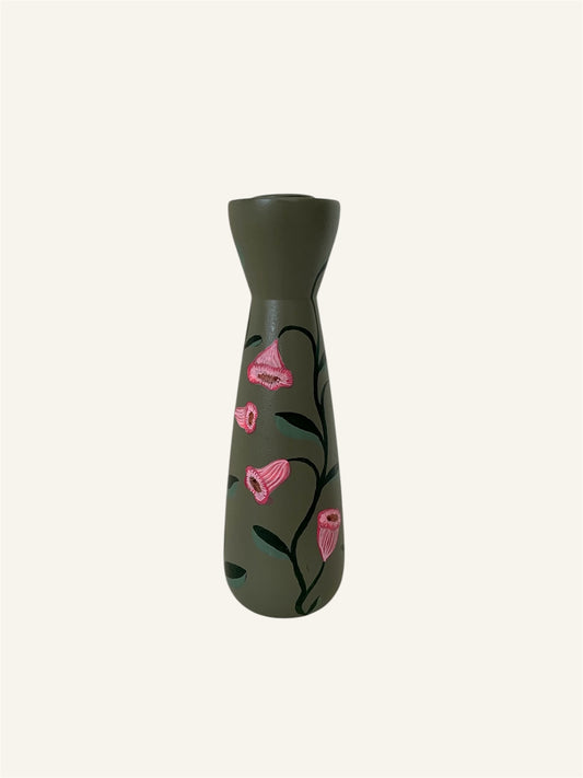groene kandelaar met roze bloemen met de handbeschilderd uniek interieur items 