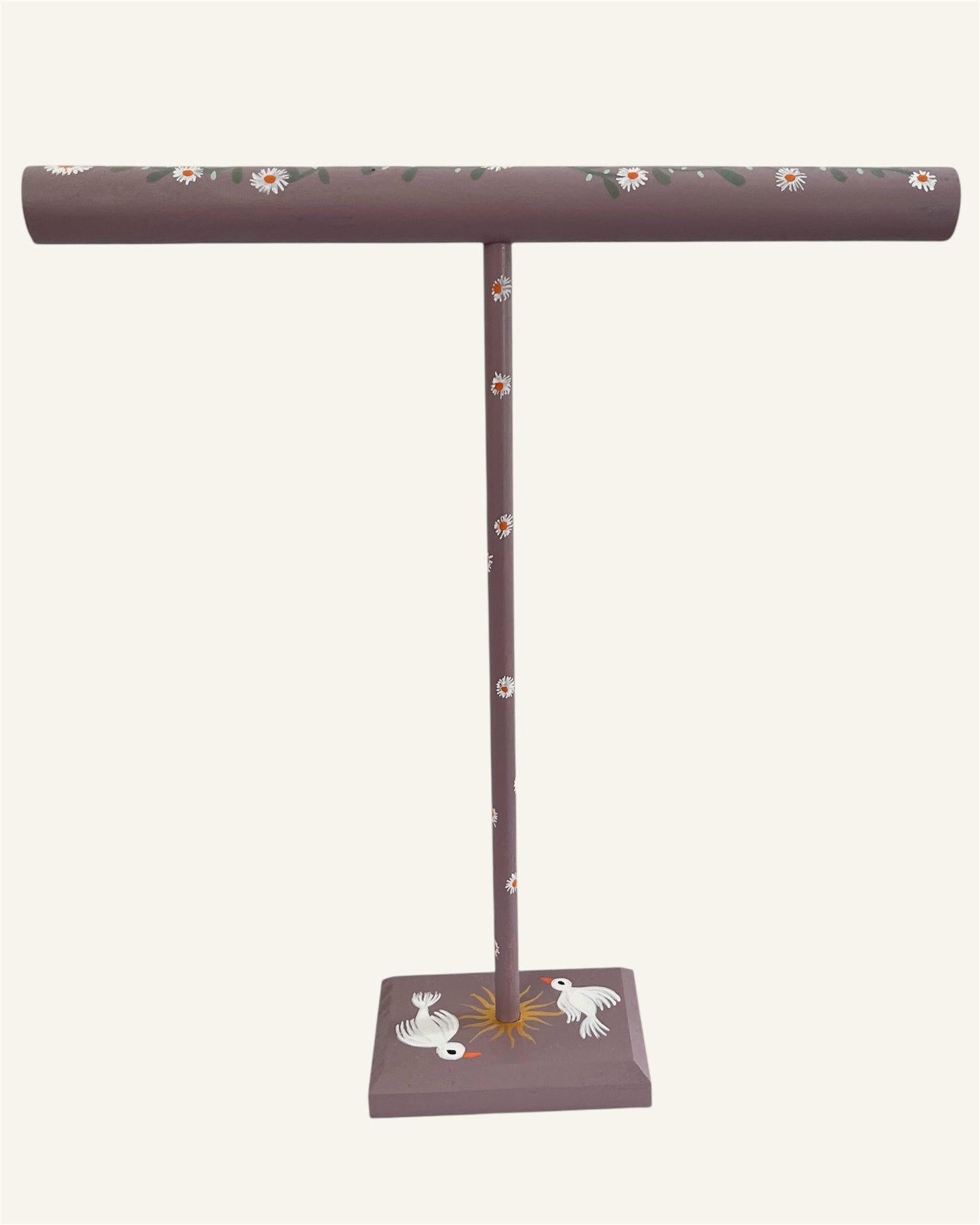 bohemian handbeschilderde kettinghouder met bloemen en witte vogeltjes lila 